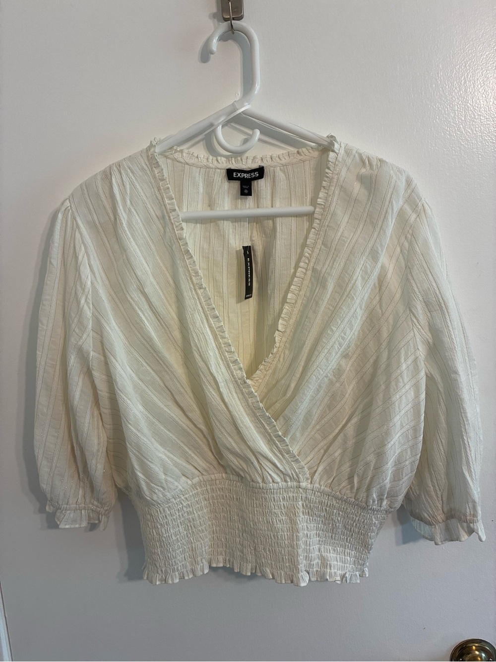 Express Cream Textured Wrap Blouse with Smocked Waist